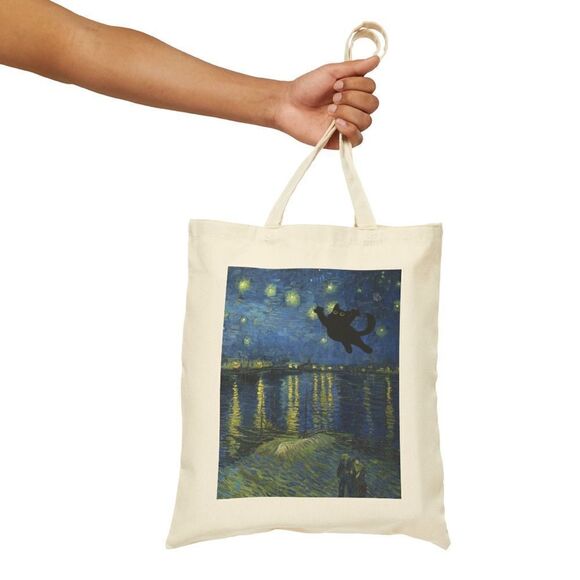 Van Gogh Starry Night Over the Rhône Black Cat Tote - Picture 3 of 6